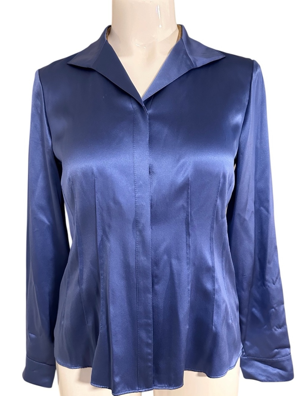 Lafayette 148 New York Satin Button-Front Blouse in Deep Blue